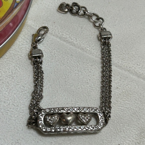 Brighton Kiss & Tell Bracelet Silver Plated Crystals 8" Triple Chain & Tin - Picture 6 of 9